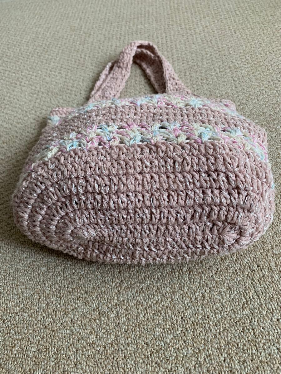 手編み　 かぎ針編み　模様編みバッグ　ピンク系
