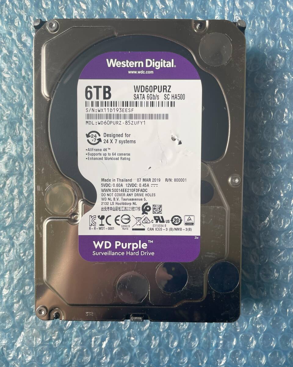 WD 6TB HDD WD60PURZ 3.5インチ SATA 6Gb/s 中古動作品【D-100】の画像1