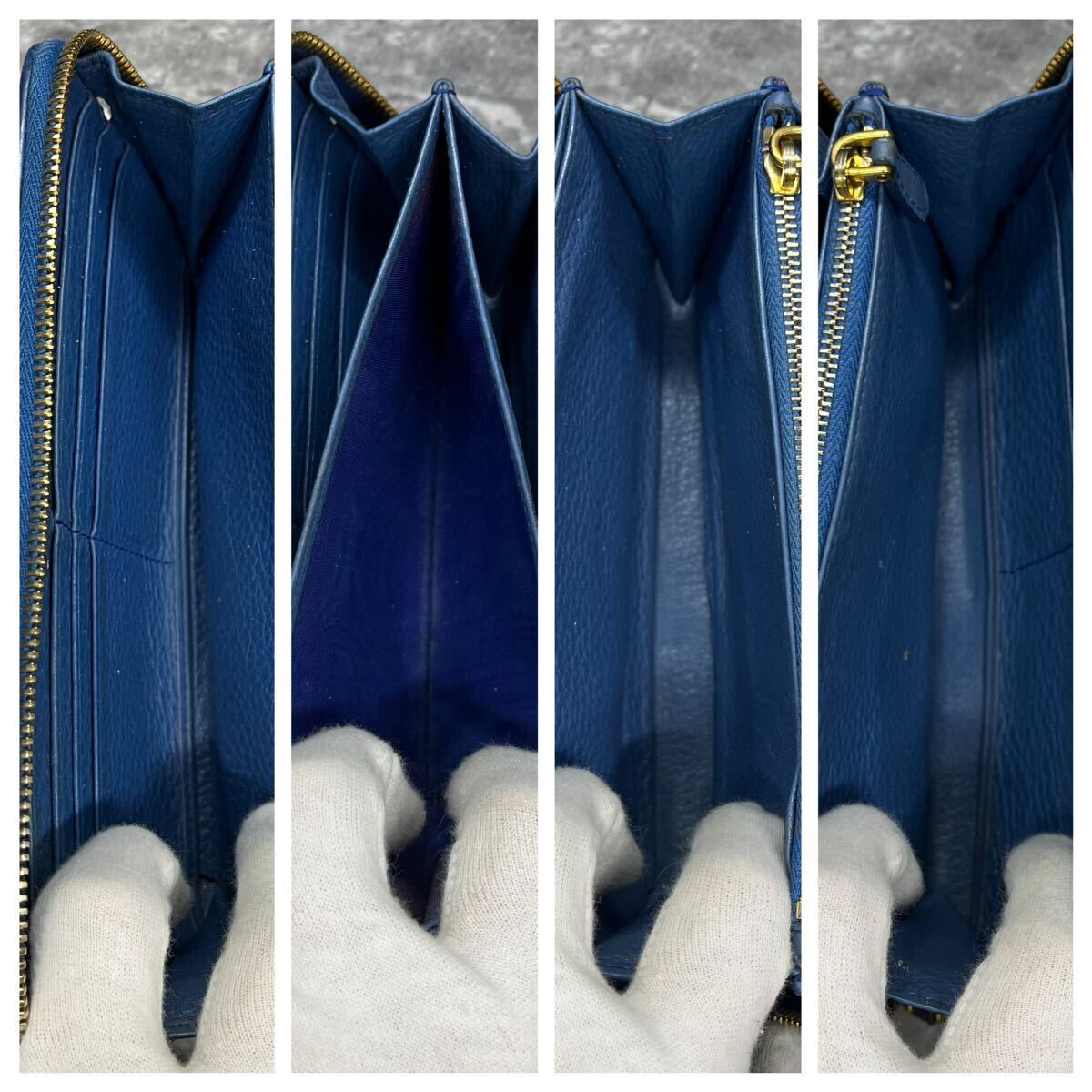【美品】 PRADA プラダ メンズ ビジネス 長財布 ラウンドファスナー 型押し 金ロゴ サフィアーノ 本革 レザー 青 ブルー 大容量 レディースの画像9
