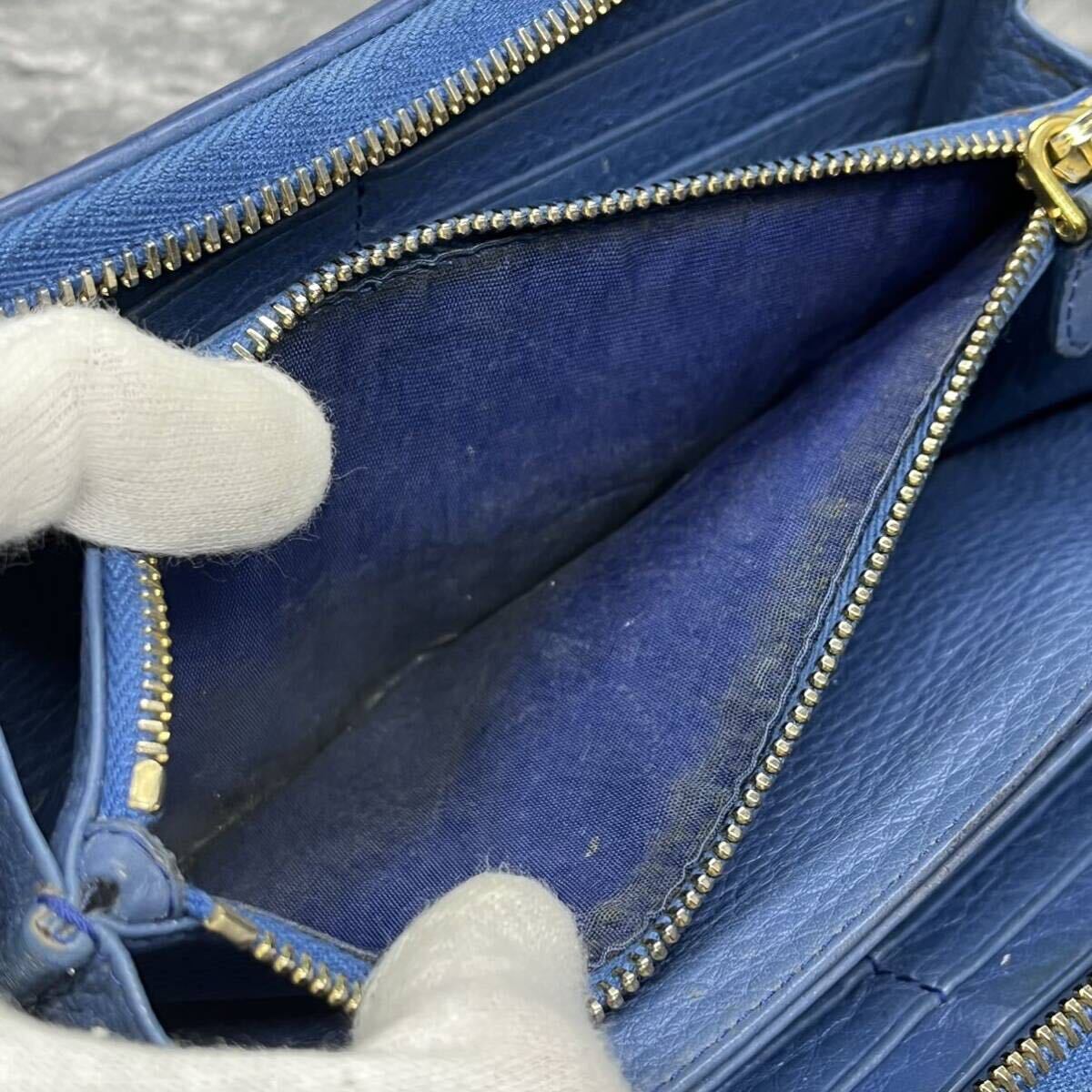 【美品】 PRADA プラダ メンズ ビジネス 長財布 ラウンドファスナー 型押し 金ロゴ サフィアーノ 本革 レザー 青 ブルー 大容量 レディースの画像8