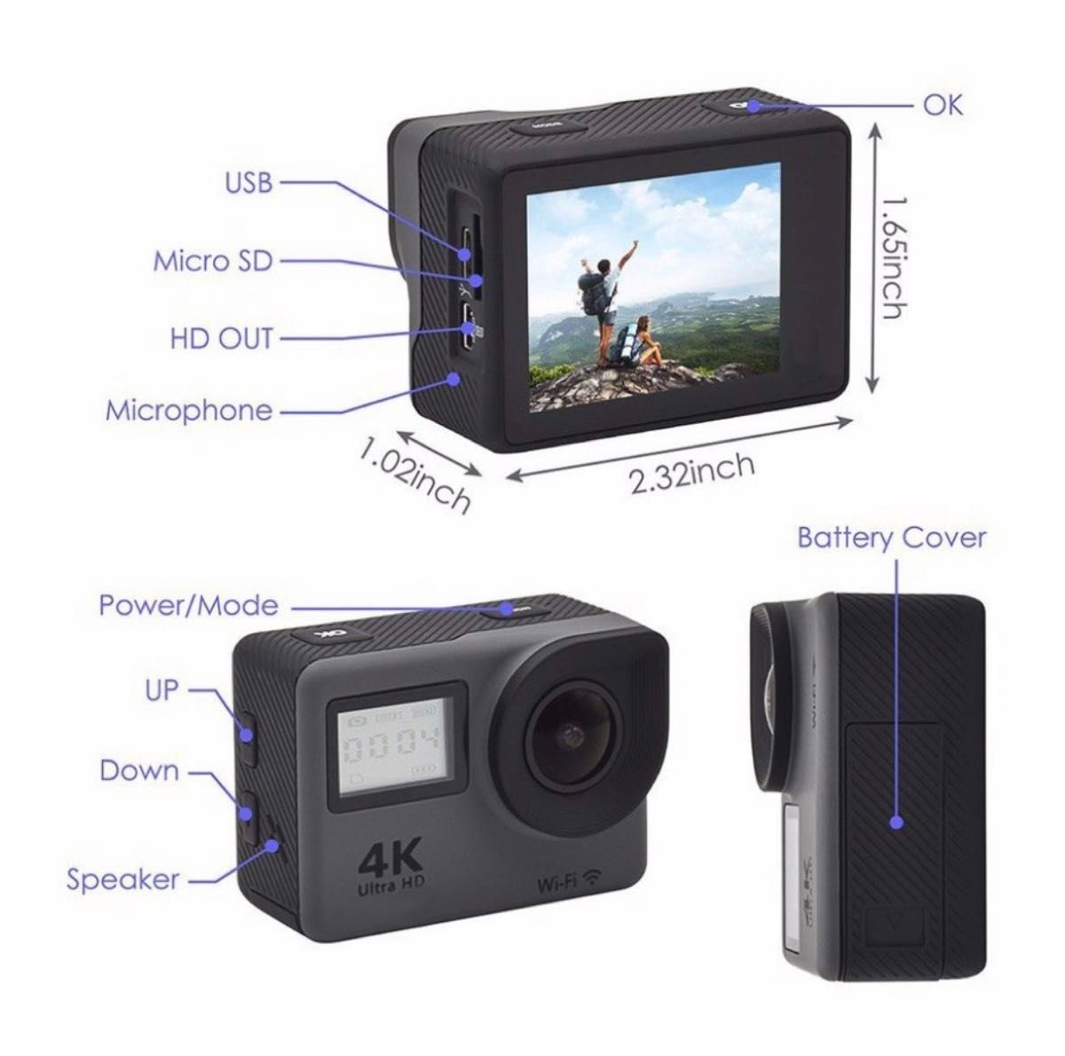 アクションカメラ 4K Wi-Fi  1200万画素高解像度 Android iPhone対応 多言語メニュースポーツ カメラ 