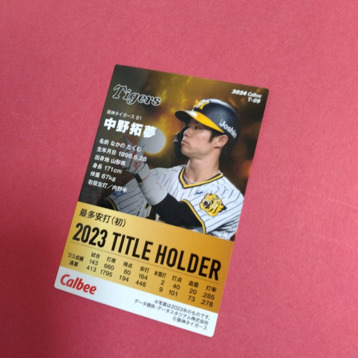 中野拓夢 タイトルホルダーカード プロ野球チップス2024第1弾　 T-09タイトルホルダーカード　プロ野球カード