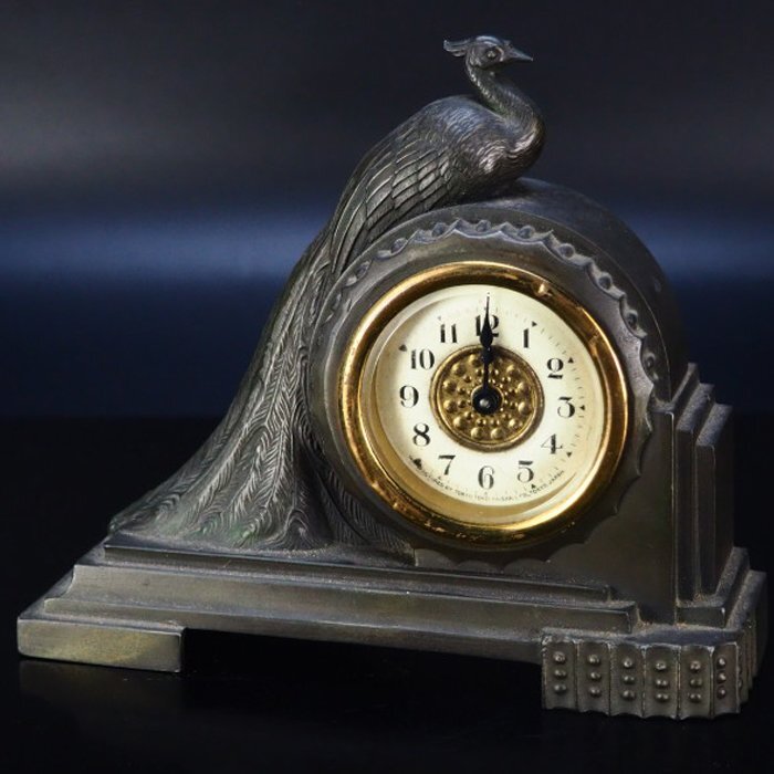 【治】『森時計店』製　ブロンズ　瑞鳥置時計☆オブジェ　置物　アンティーク　置時計　CN052_画像1
