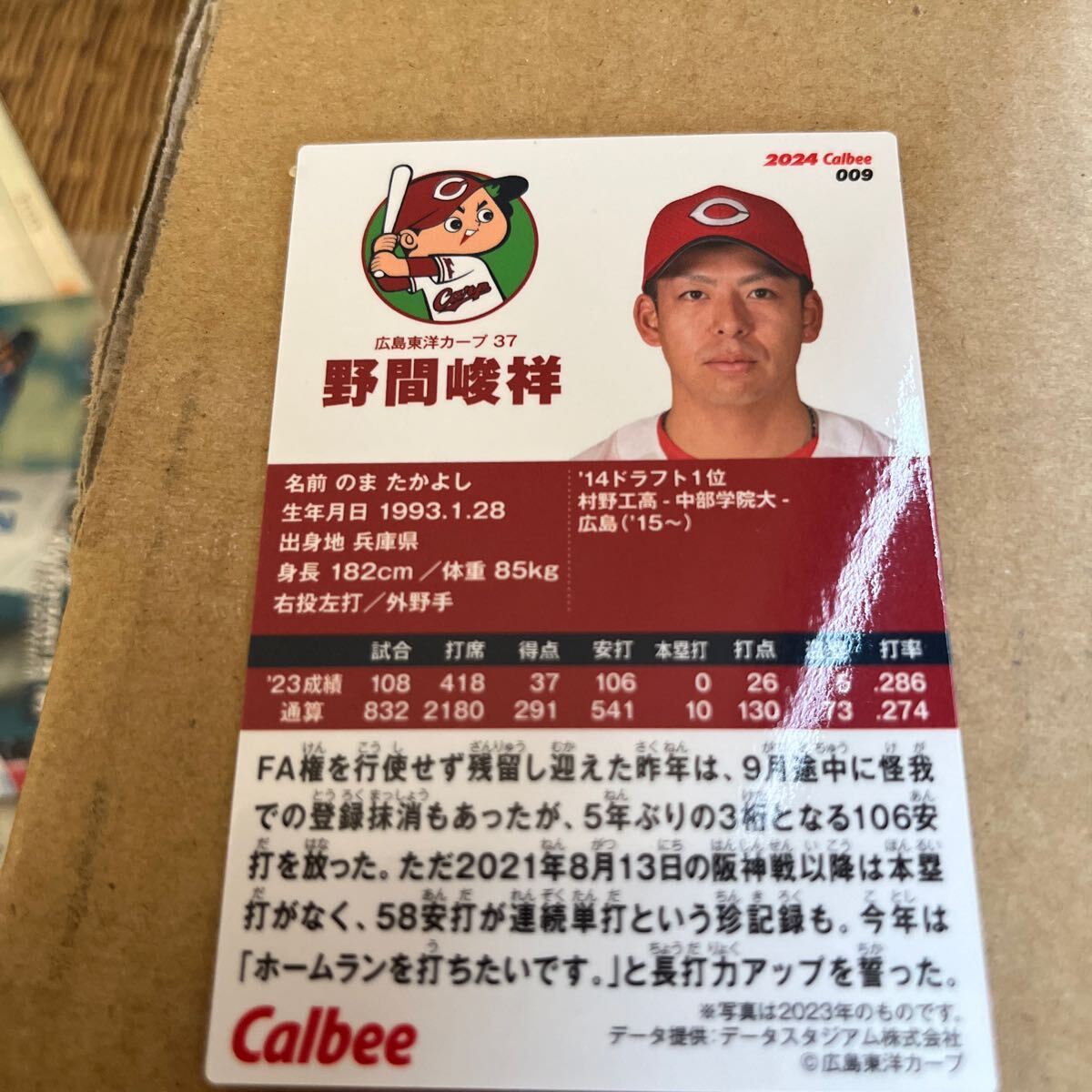 2024カルビープロ野球チップス 広島東洋カープ 野間峻祥 レギュラーカード の画像2