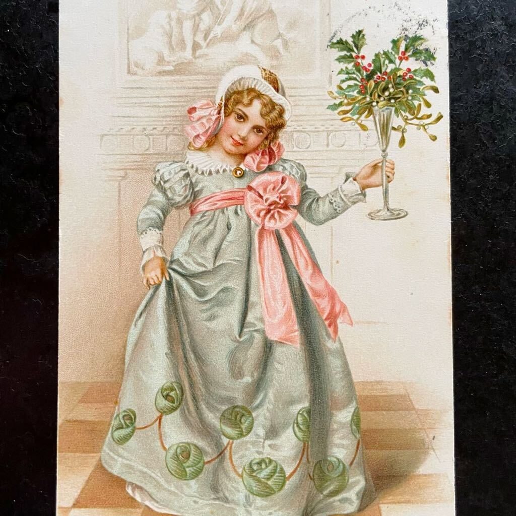  Christmas new year * 1914 year . seal antique postcard young lady girl dress .yadoligi Germany Austria picture postcard 