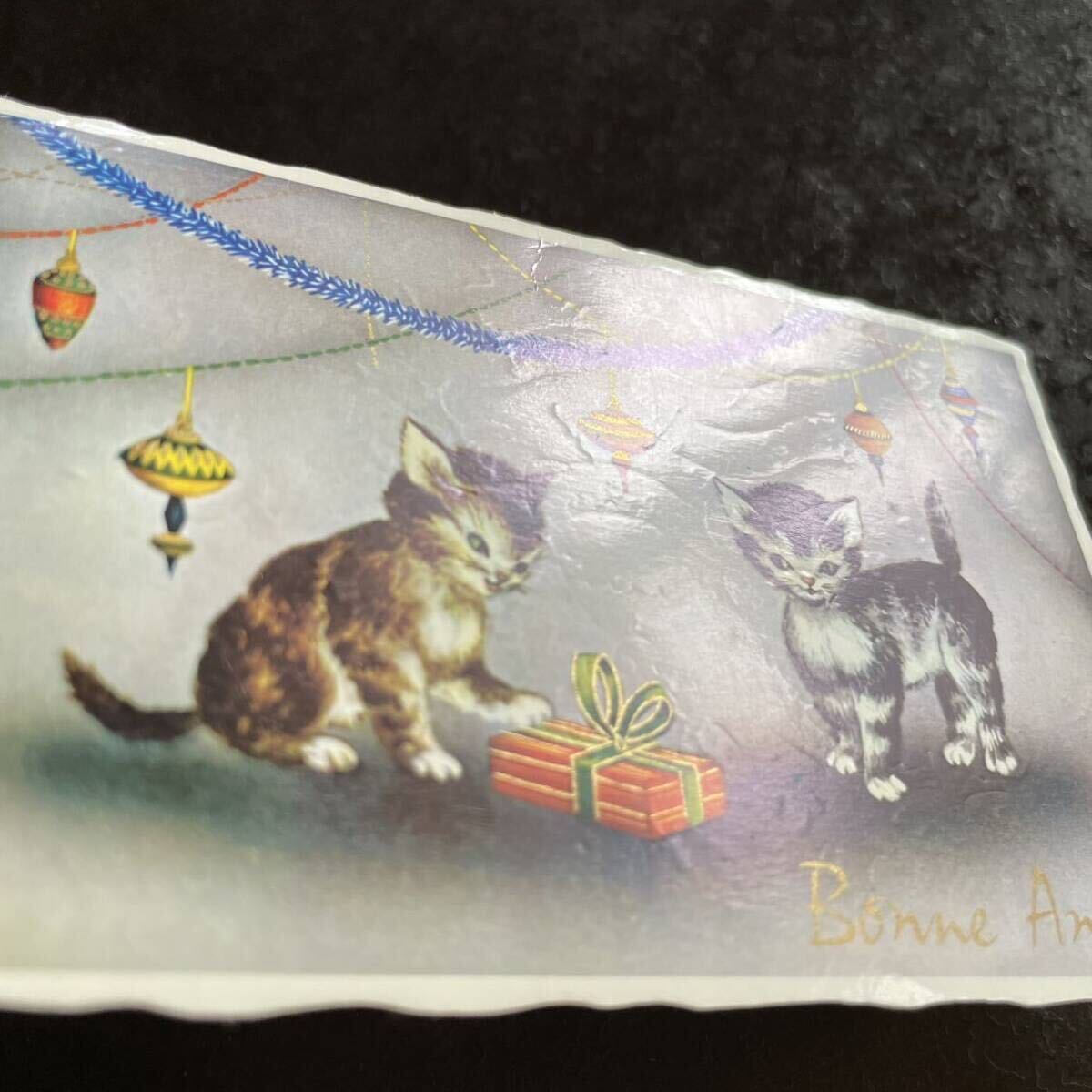 Bonne Annee ★ フランス ヴィンテージ ミニカード セット 1961年他 クリスマス 新年 猫 ネコ 子猫 エフェメラ 金彩の画像6
