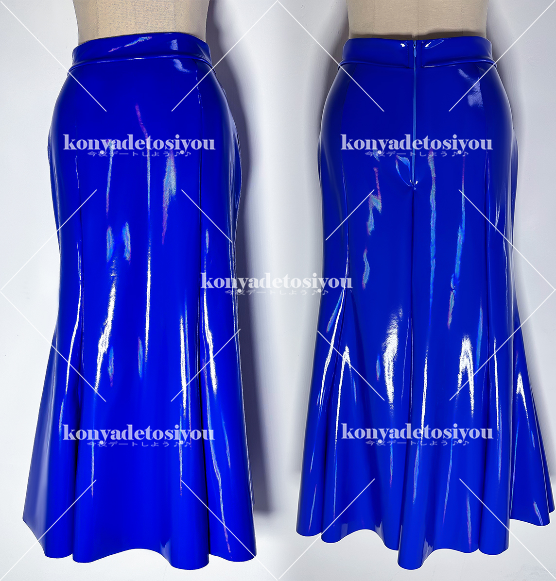 LJH24057彩ブルー L-XLサイズ 超光沢 フィッシュテール フレアスカート 膝下丈 ロングスカートの画像1