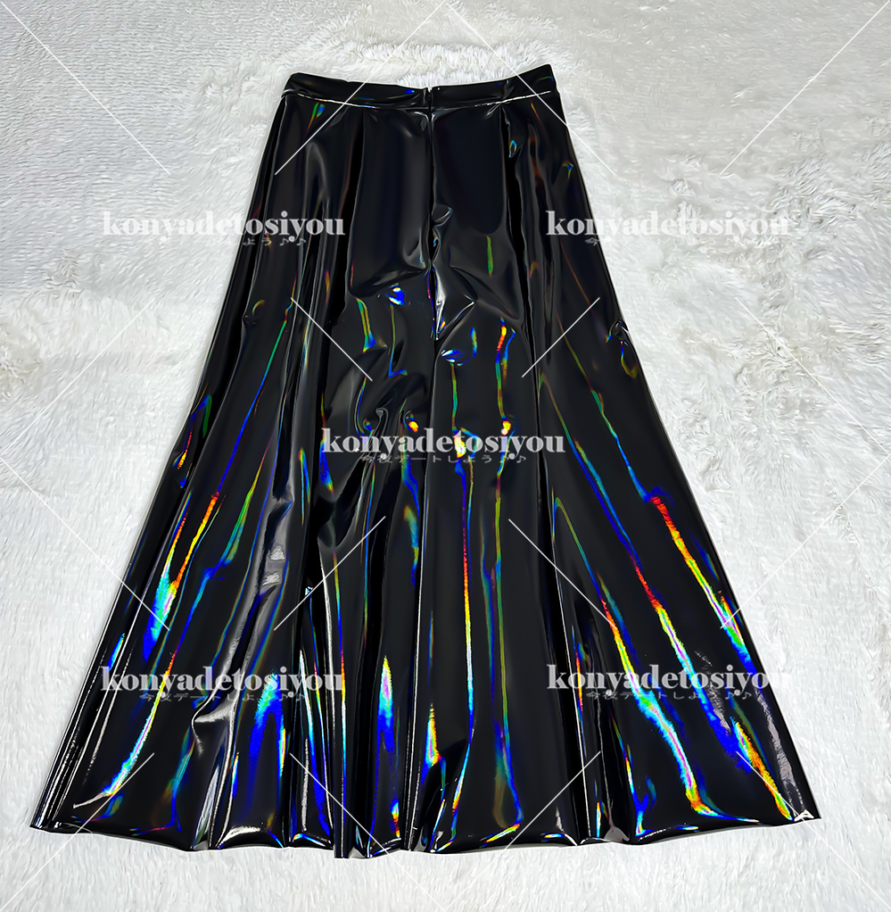 LJH24057彩黒 超光沢 フィッシュテール フレアスカート 膝下丈 ロングスカートの画像5