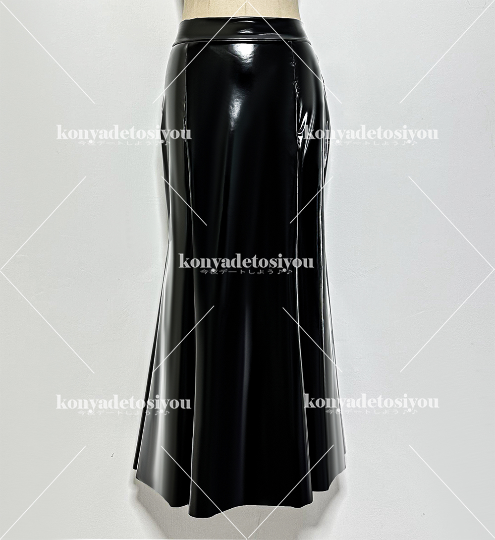 LJH24057黒 L-XL 超光沢 フィッシュテール フレアスカート 膝下丈 ロングスカート