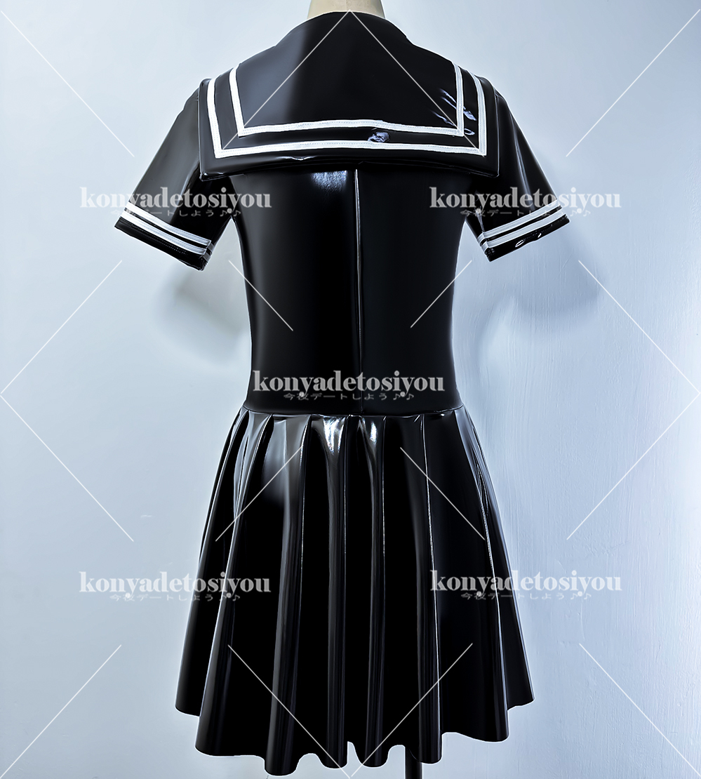 LJH24060黒 超光沢 可愛いセーラー風ワンピース プリーツスカート コスプレ キャンギャル ハロウィン仮装 変装 撮影会イベントコスチュームの画像3