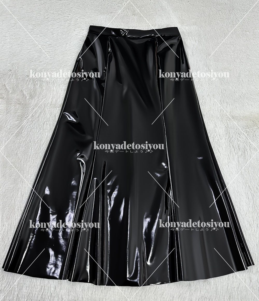 LJH24057黒 L-XL 超光沢 フィッシュテール フレアスカート 膝下丈 ロングスカート