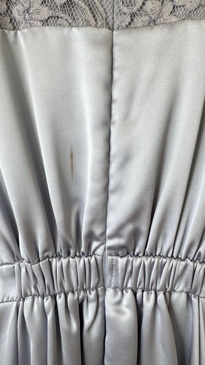 パーティワンピース パーティドレス 結婚式 袖ﾚｰｽﾄﾞﾚｽ Mサイズ サックスブルー サテン 二の腕カバー 体型カバー