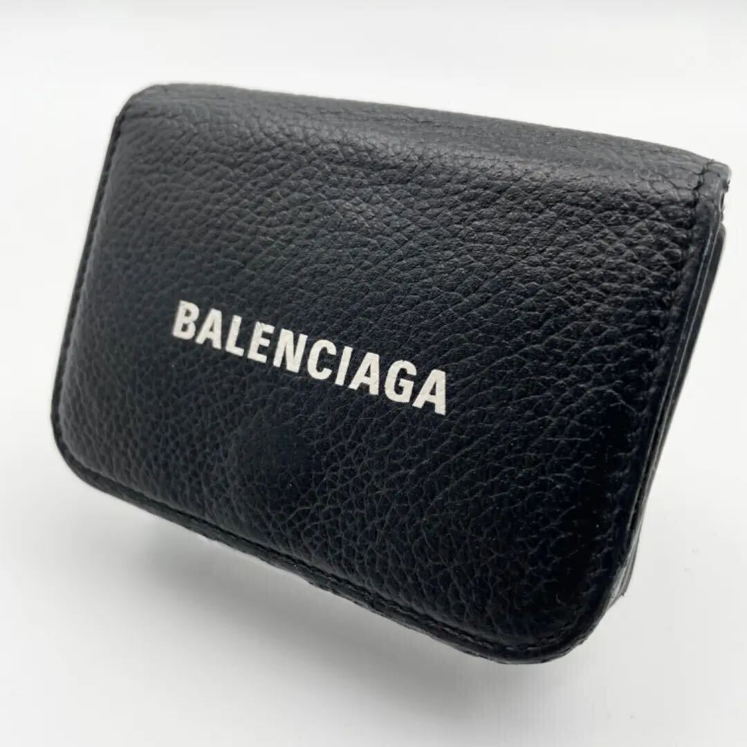 1円【美品・定価約6万】BALENCIAGA バレンシアガ 三つ折り財布 Cash ミニウォレット グレインカーフスキン 本革 ブラック 黒の画像1