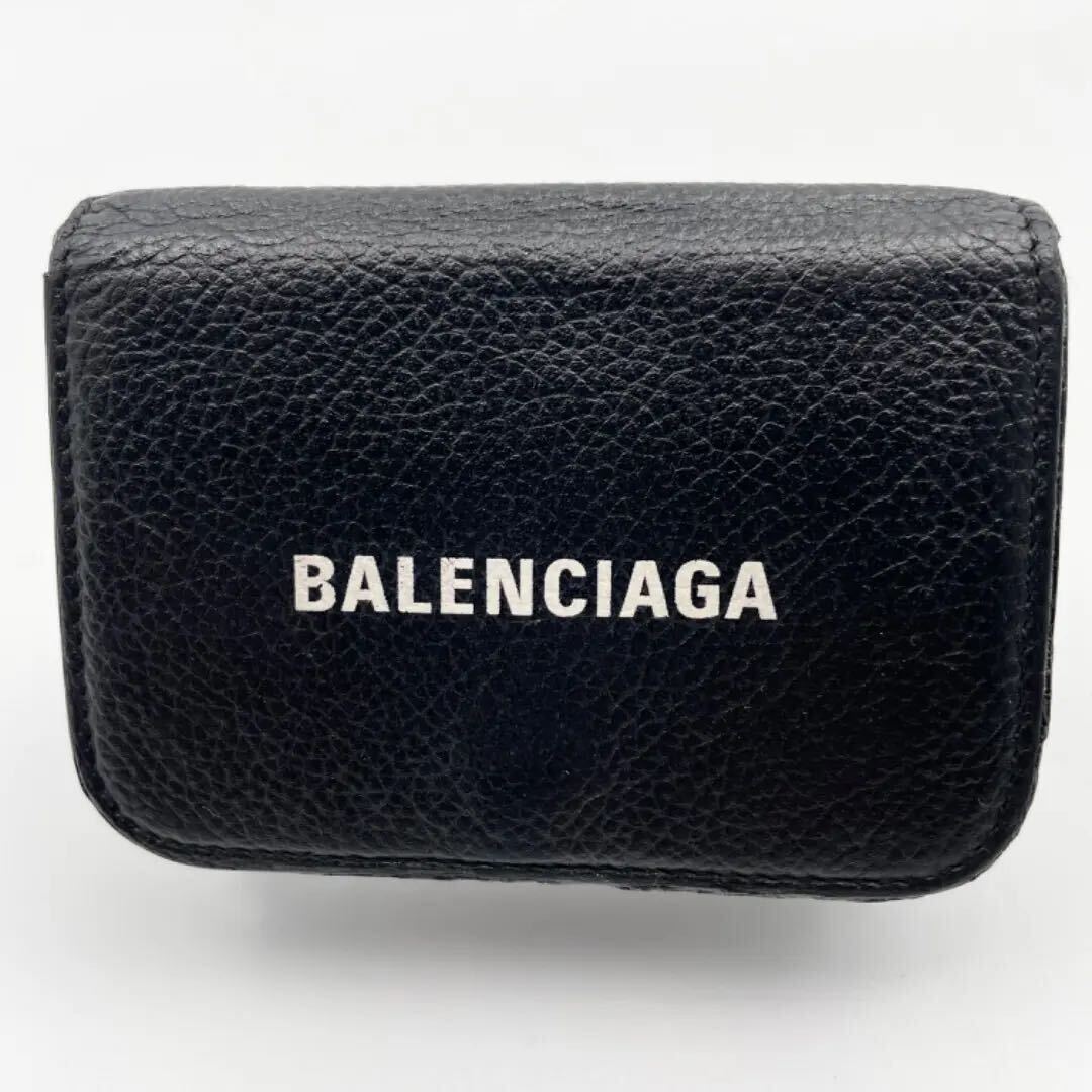 1円【美品・定価約6万】BALENCIAGA バレンシアガ 三つ折り財布 Cash ミニウォレット グレインカーフスキン 本革 ブラック 黒の画像2