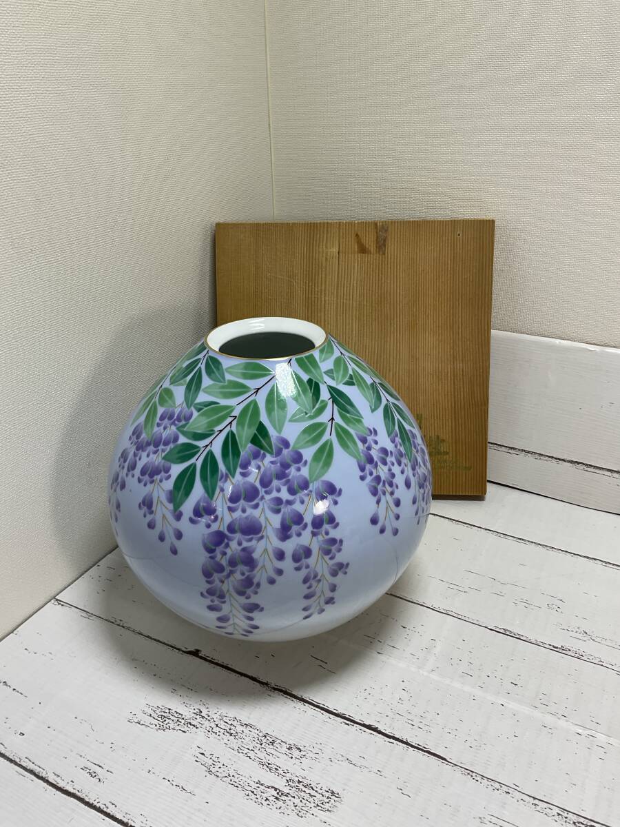 香蘭社 パープル系 花生 藤の花 金縁 花瓶 飾り壺 の画像1