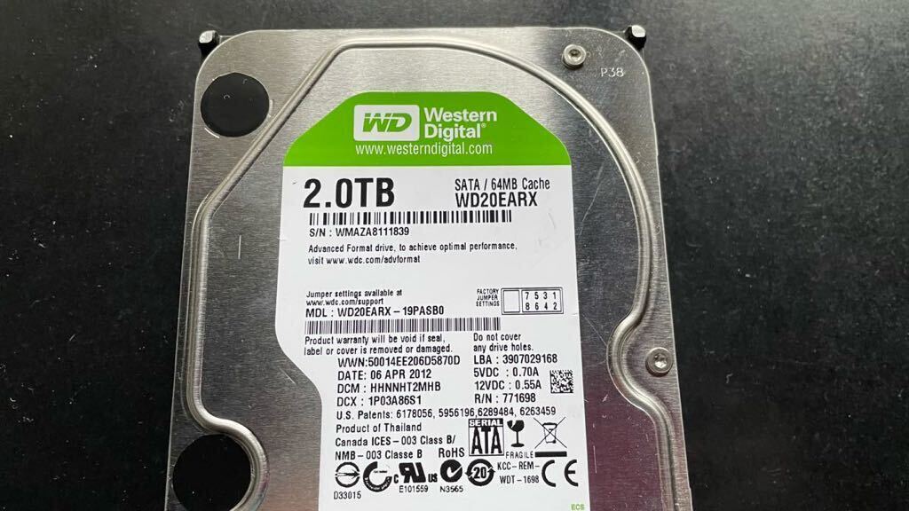 動作確認済み WesternDigital WD20EARS SATA 2..0TB 268回 1764時間 使用時間少の画像2