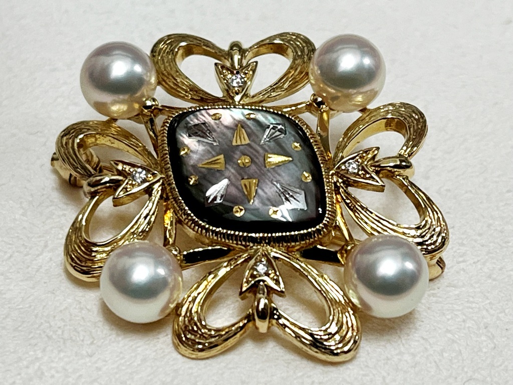 ☆MIKIMOTO/ミキモト K18 約6㎜パール ダイヤ4P ブローチ 貝M刻印《中古品/きれいめ》☆ の画像9