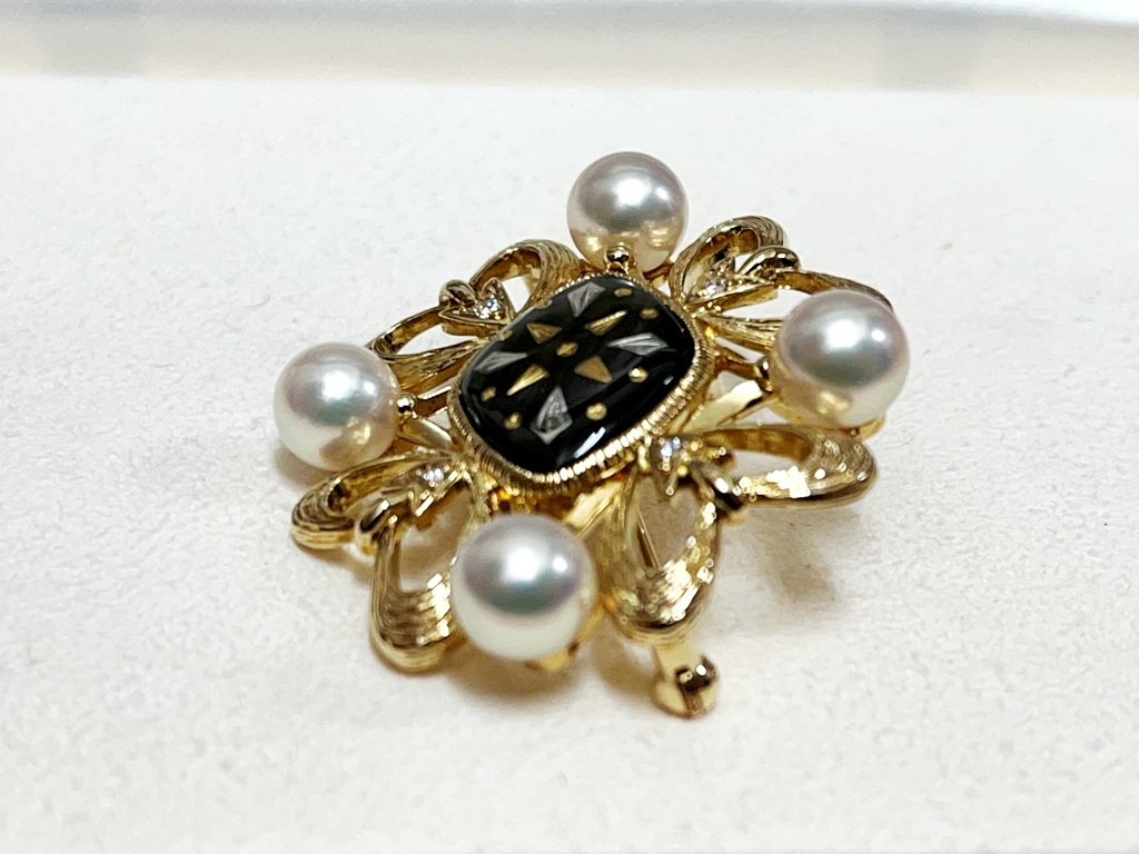 ☆MIKIMOTO/ミキモト K18 約6㎜パール ダイヤ4P ブローチ 貝M刻印《中古品/きれいめ》☆ の画像8