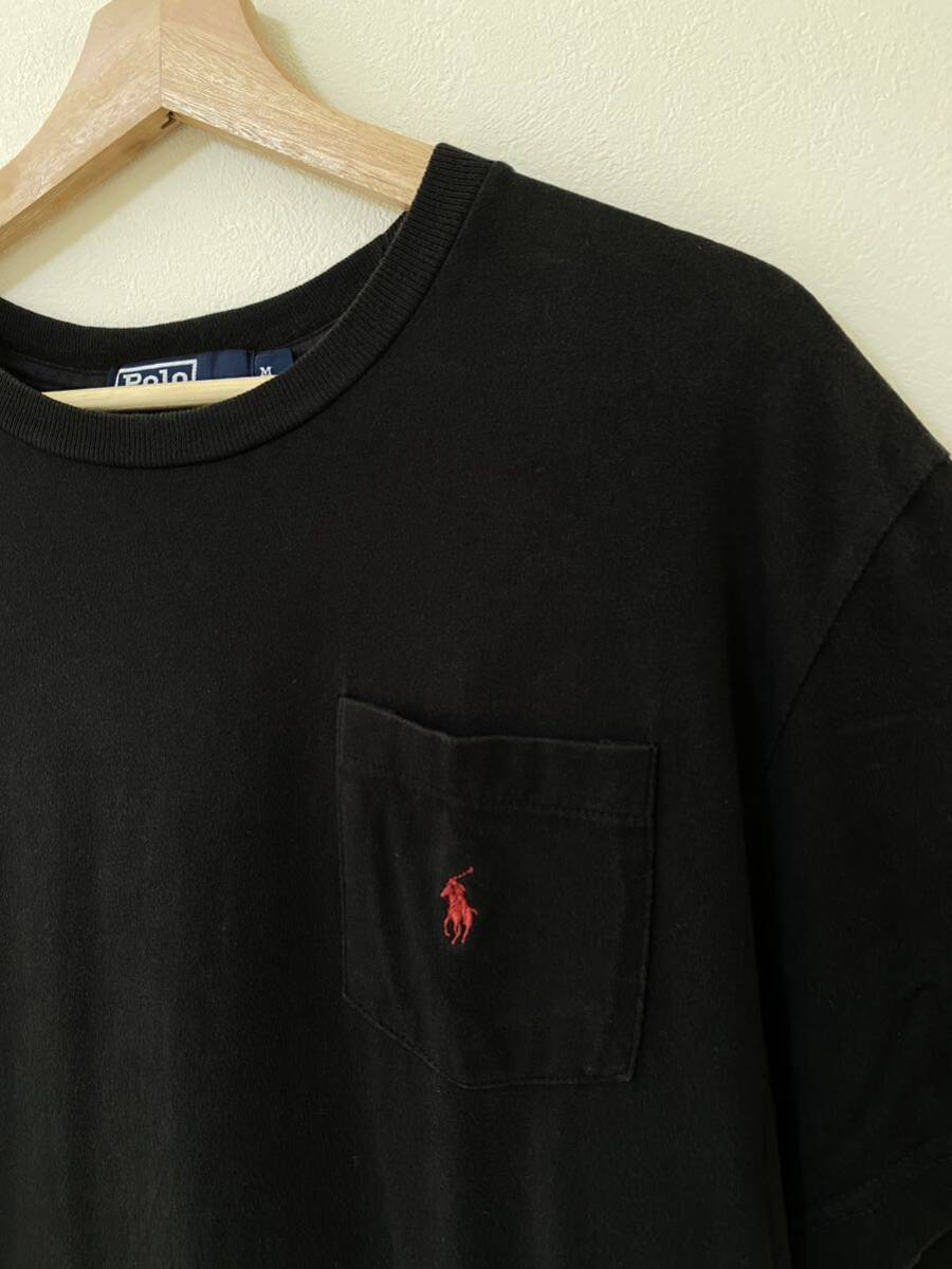90s USA製 ラルフローレン ブラック ポケットTシャツ POLO Ralph Lauren M 黒　ポニー刺繍_画像2