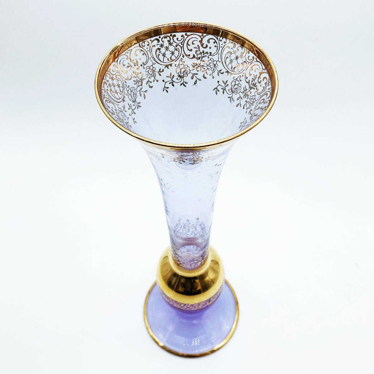 ベネチアングラス ムラノ イタリア 花瓶 ラベンダー ゴールド 金彩 花紋 ヴェネチアガラス 25.1cmの画像4