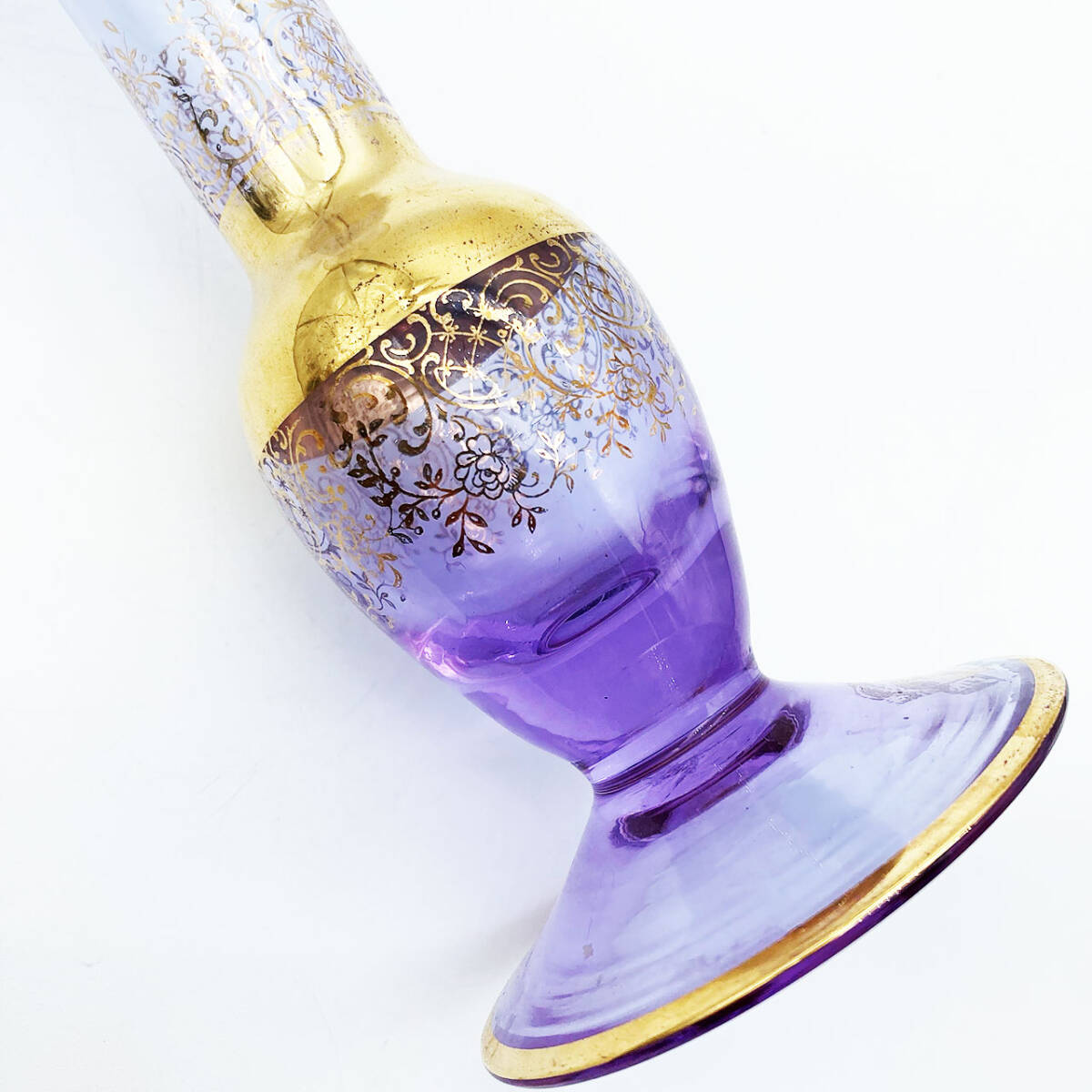 ベネチアングラス ムラノ イタリア 花瓶 ラベンダー ゴールド 金彩 花紋 ヴェネチアガラス 25.1cmの画像7