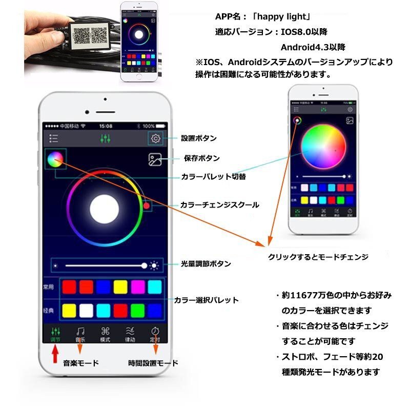 LEDテープライト フットランプキット RGB フルカラー スマホ操作 音楽連動 22cm 防水 ブルートゥース iOS/android対応 90日保証の画像4