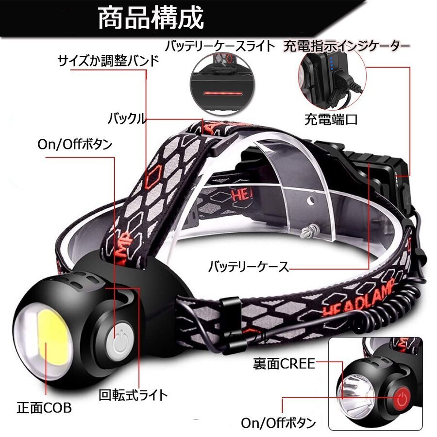 LED headlamp head light rechargeable 18650 lithium rechargeable battery attached 8000 lumen 7 mode lighting angle adjustment possible waterproof outdoor 7 day guarantee 