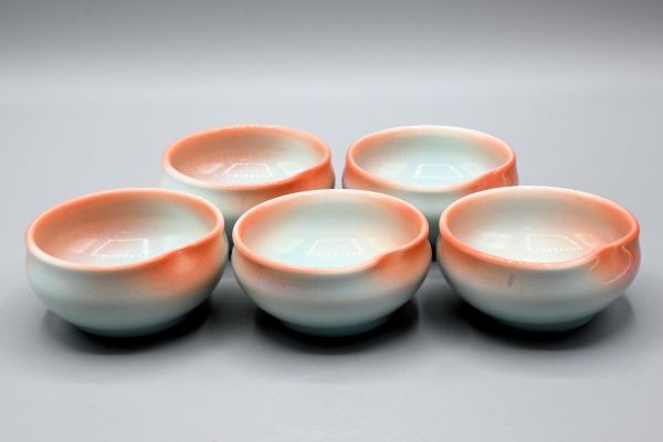 極美品 現代の名工 黄綬褒章 庄村健 紅染 向付 5客セット ★ 師 人間国宝 井上萬二_画像6