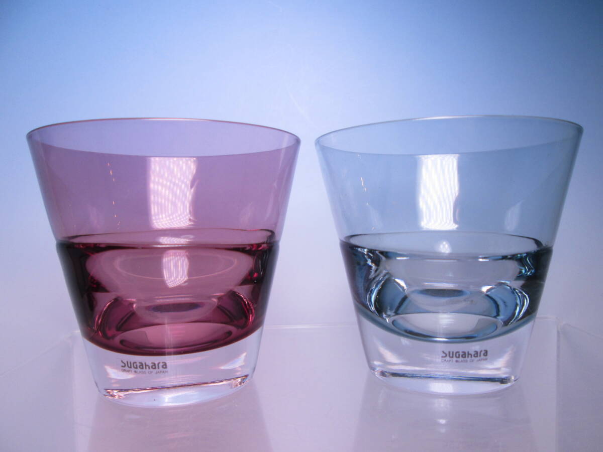☆SUGAHARA スガハラガラス ブルー/ワインレッド デザイングラス ペア 箱無 冷酒グラス_画像1