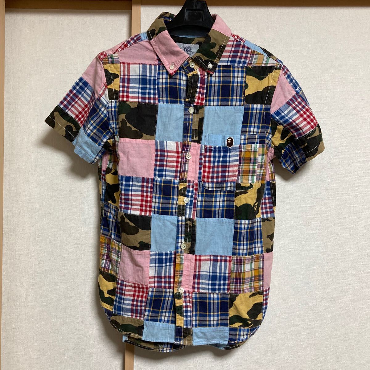 【美品】A BATHING APE アベイシングエイプ パッチワークシャツ 半袖 XSサイズ 日本製_画像1