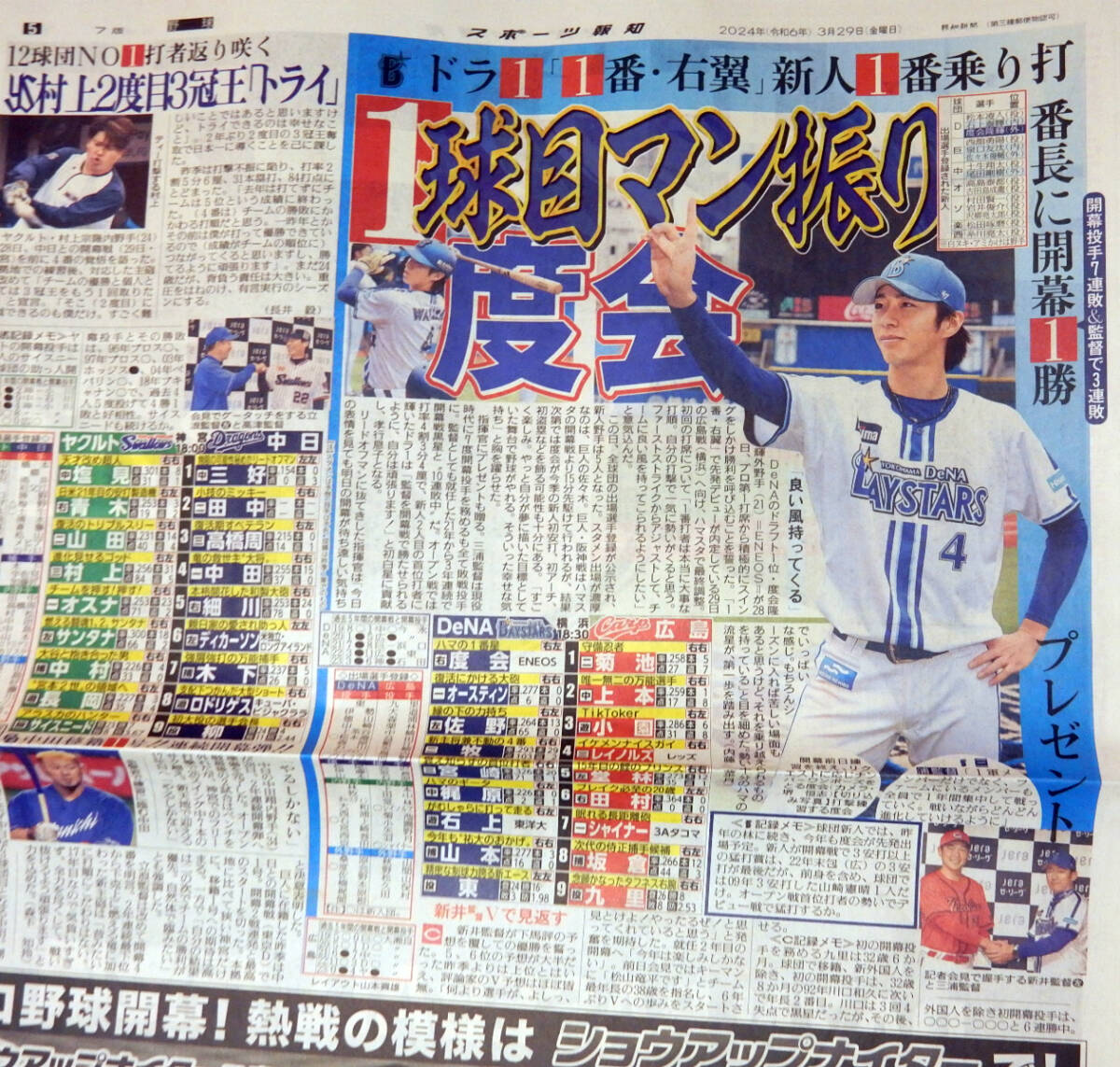 サンケイスポーツ＆スポーツ報知 開幕記念新聞2部セット ☆ 2024年3月29日 特別限定販売版 ☆ 横浜DeNAベイスターズ ☆ 度会隆輝 ☆ 牧秀悟