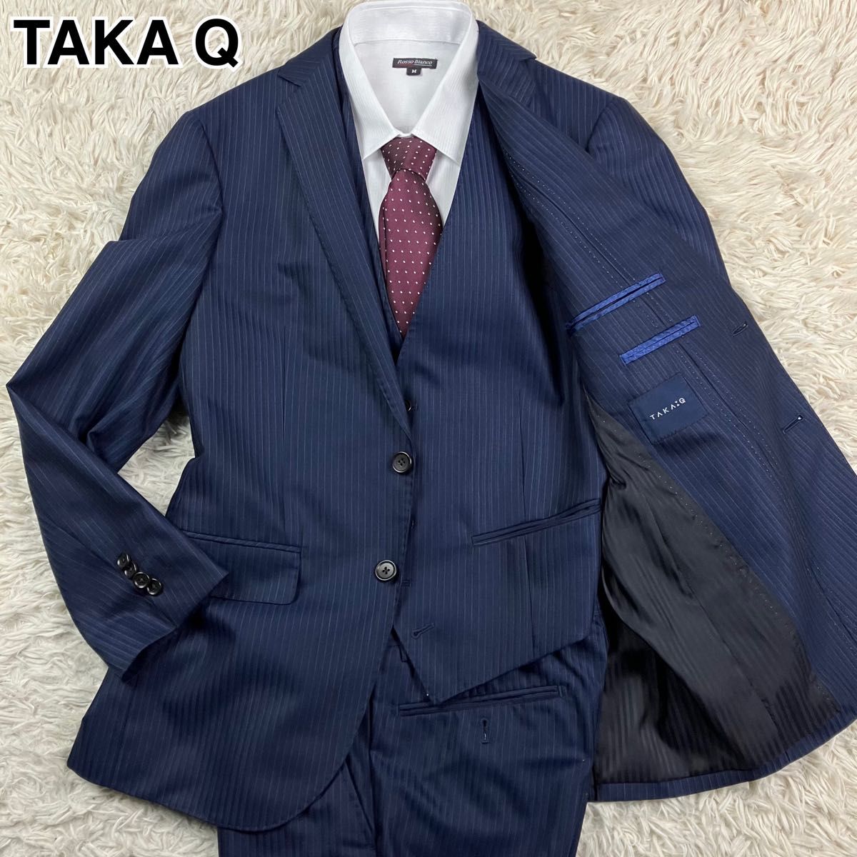 美品！TAKA-Q タカキュー メンズスーツ セットアップ スリーピース 3ピース ベスト ネイビー ストライプ Sサイズ