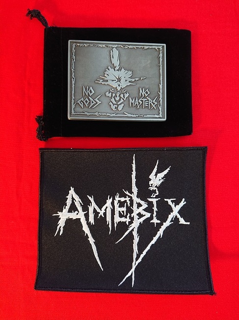 【2011年製.新品】AMEBIX/【２点セット】鉄製ベルトバックル"NO GODS NO MASTERS"+OFFICIALパッチ/GISM.GAUZE.GLOOM.DISCHARGE.の画像1