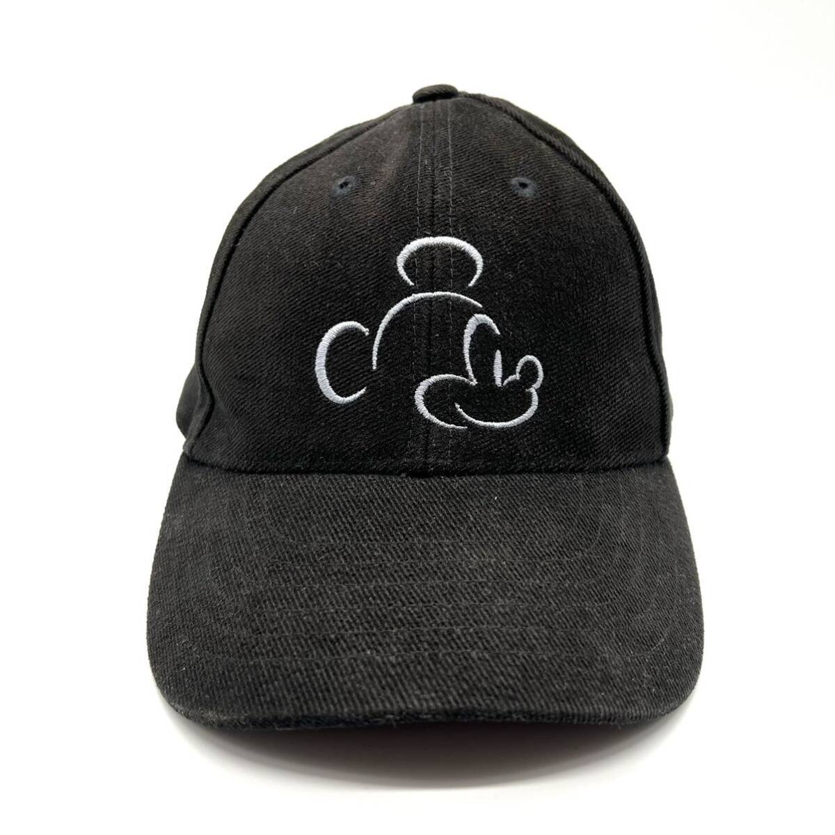【90s〜】Disney ディズニーパリ ミッキーシルエット 刺繍ロゴキャップ 6パネル ベルクロバック オフィシャル ヴィンテージキャップ 帽子_画像1