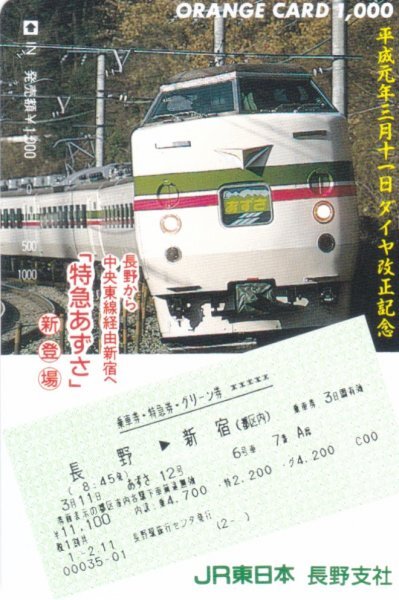 長野から中央東線経由特急あずさ JR東日本長野支社オレンジカードの画像1
