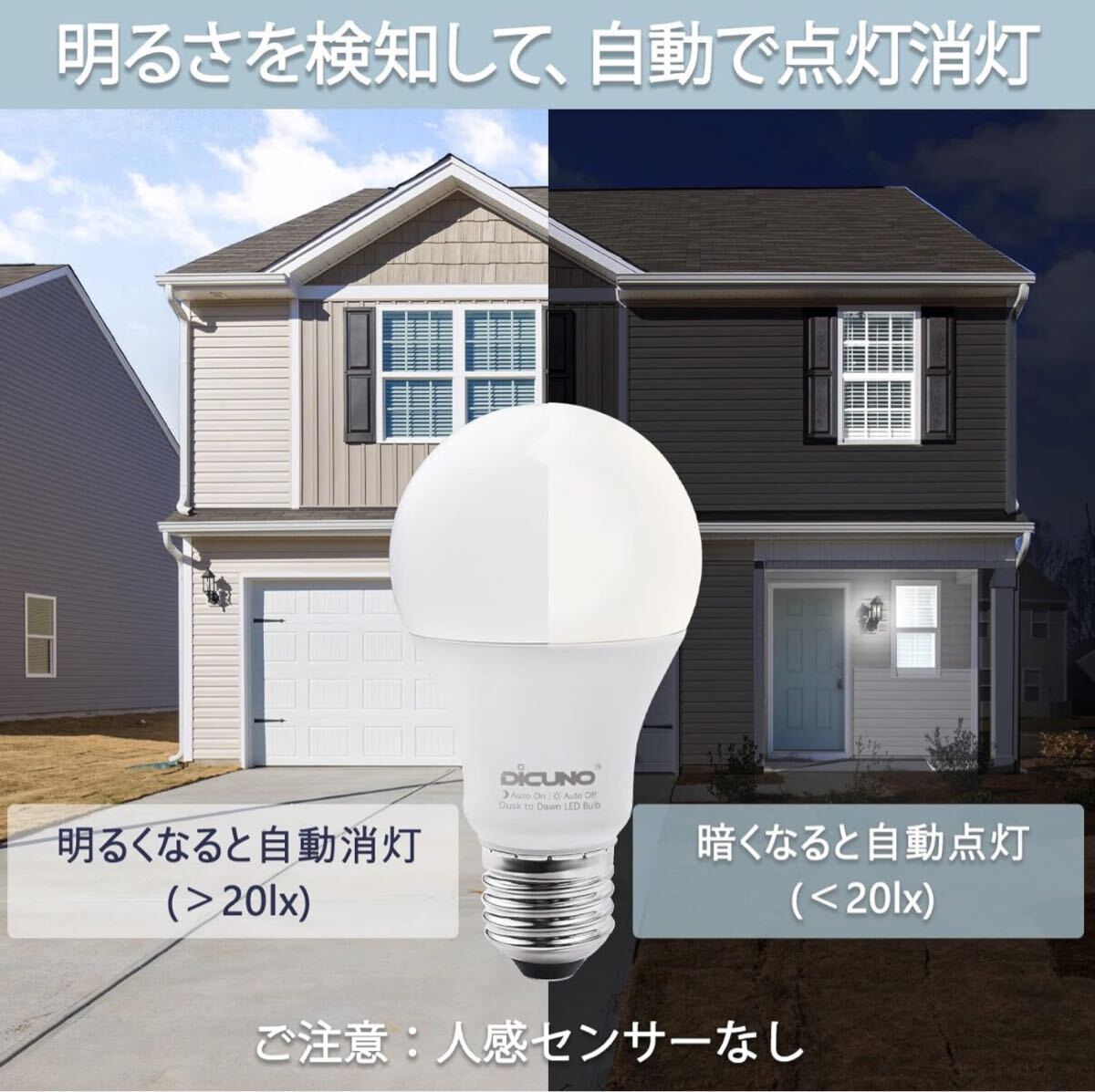 DiCUNO E26口金 LED電球 明るさセンサー 昼白色 人感センサーなし 9W 60W相当 800lm 5000k 省エネ PSE認証済み 2個入_画像3