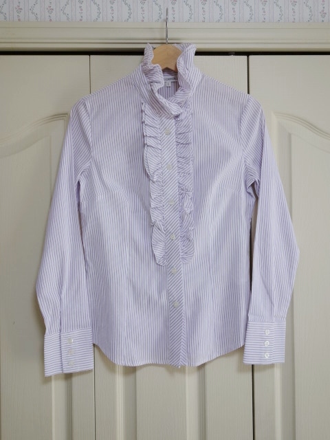  Nara Camicie NARACAMICIE* полоса рисунок. оборка блуза * размер 1/M ранг * белый × лаванда цвет * оборка воротник-стойка рубашка 