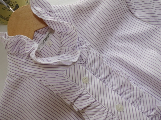  Nara Camicie NARACAMICIE* полоса рисунок. оборка блуза * размер 1/M ранг * белый × лаванда цвет * оборка воротник-стойка рубашка 