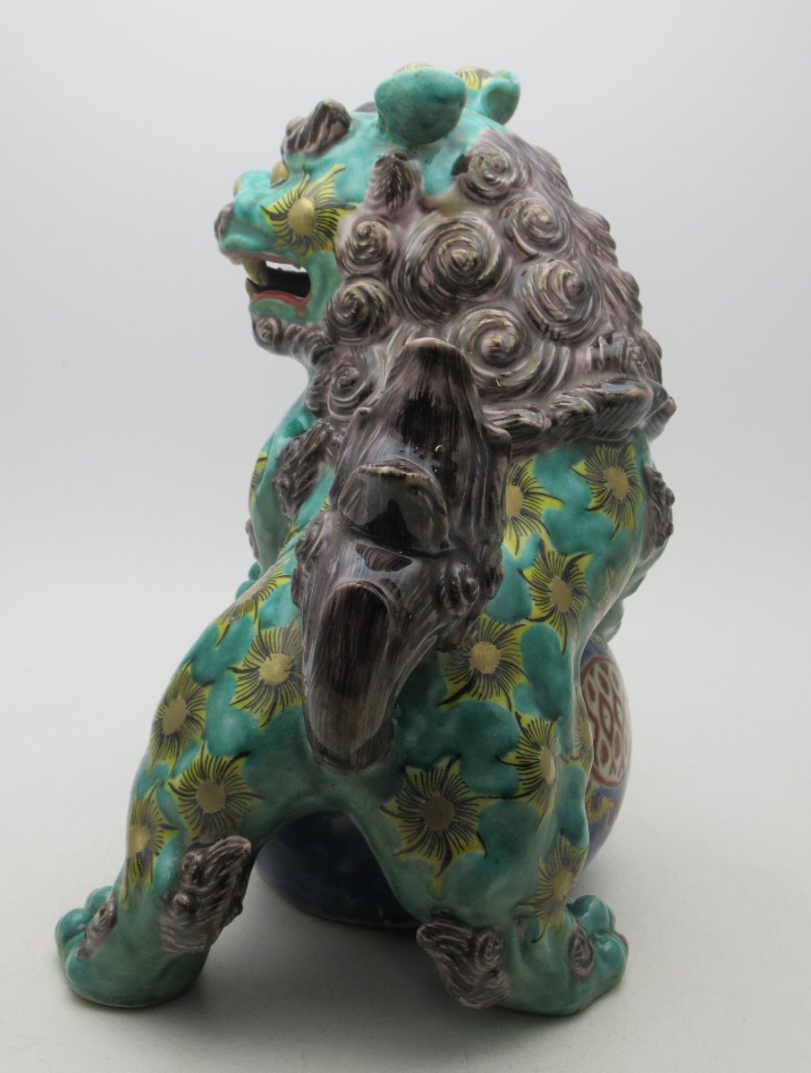 C821* Kutani Tamanori лев Tang лев . собака высота 27cm украшение орнамент предмет пол класть зеленый 