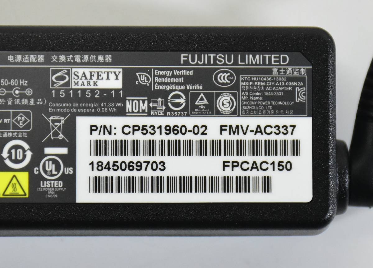 FUJITSU 12V 3A ACアダプター/富士通 FMV-AC337/細ピン/外径 3.0mm/QARROWS Tabシリーズ用 Q506 Q507 Q555 Q5011/JE、Q5011/JB 対応/中古品
