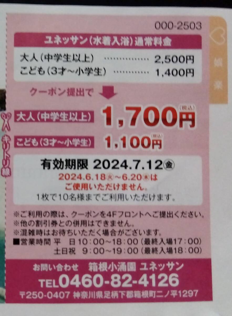 箱根小涌園 ユネッサン リゾート 温泉 プール スペシャル クーポン 割引券 1枚で10名まで利用可 ～7/12 送料￥63 他券の同封可の画像1