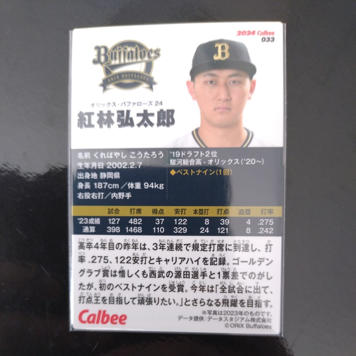 カルビープロ野球チップス2024第一弾レギュラーカード033 オリックスバファローズ 紅林弘太郎の画像2