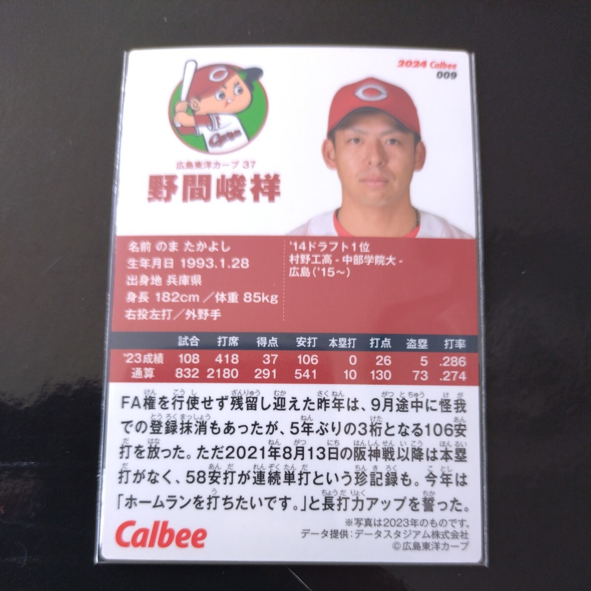 カルビープロ野球チップス2024第一弾レギュラーカード009 広島東洋カープ 野間峻祥の画像2