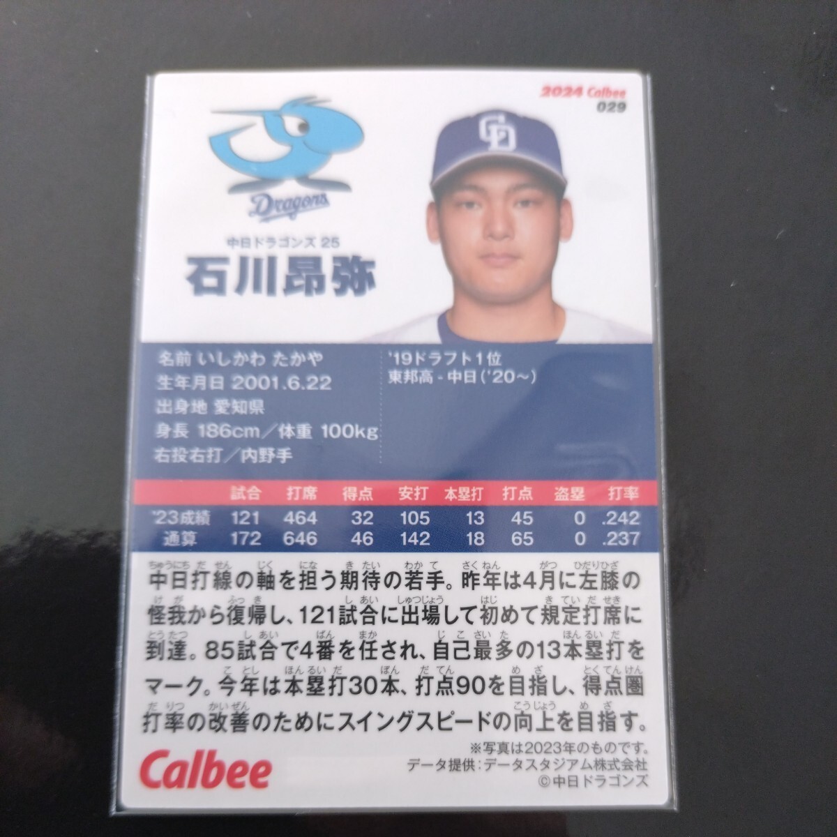 カルビープロ野球チップス2024第一弾レギュラーカード029　中日ドラゴンズ　石川昂弥_画像2