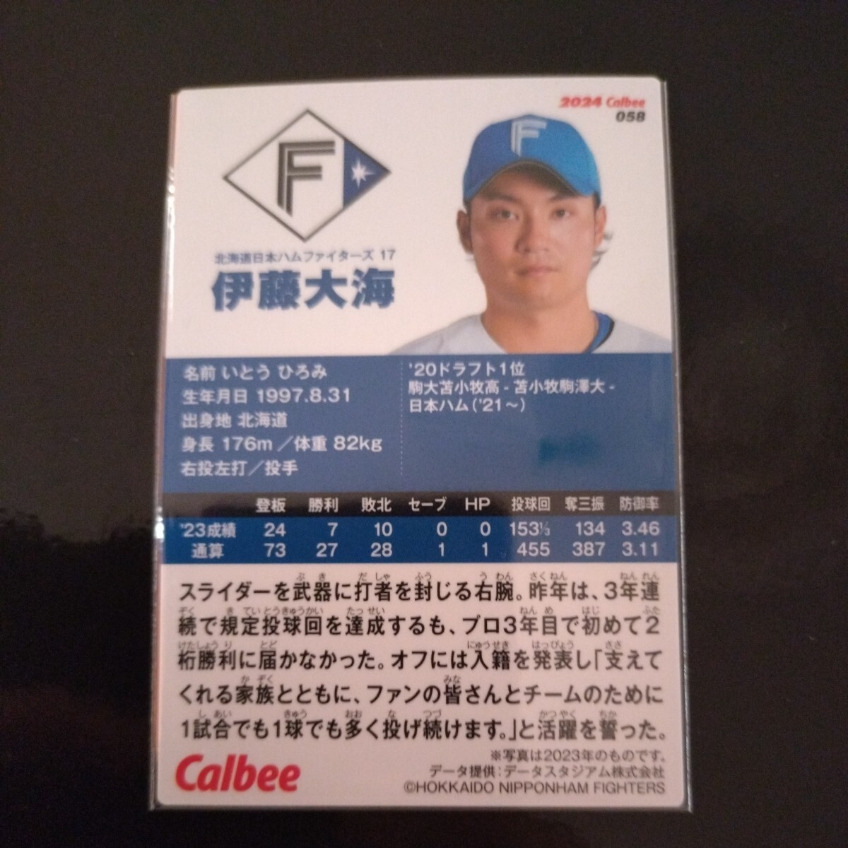 カルビープロ野球チップス2024第一弾レギュラーカード058 北海道日本ハムファイターズ 伊藤大海の画像2