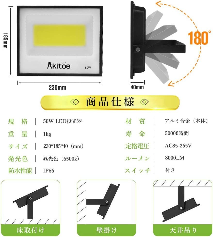 送料込 8台 LED 投光器 50W COBチップ 超薄型 スイッチ付き 8000LM 昼光色 6500K 高輝度 IP66 防水防塵 AC85-265V 広角160度 MKT-N050_画像7