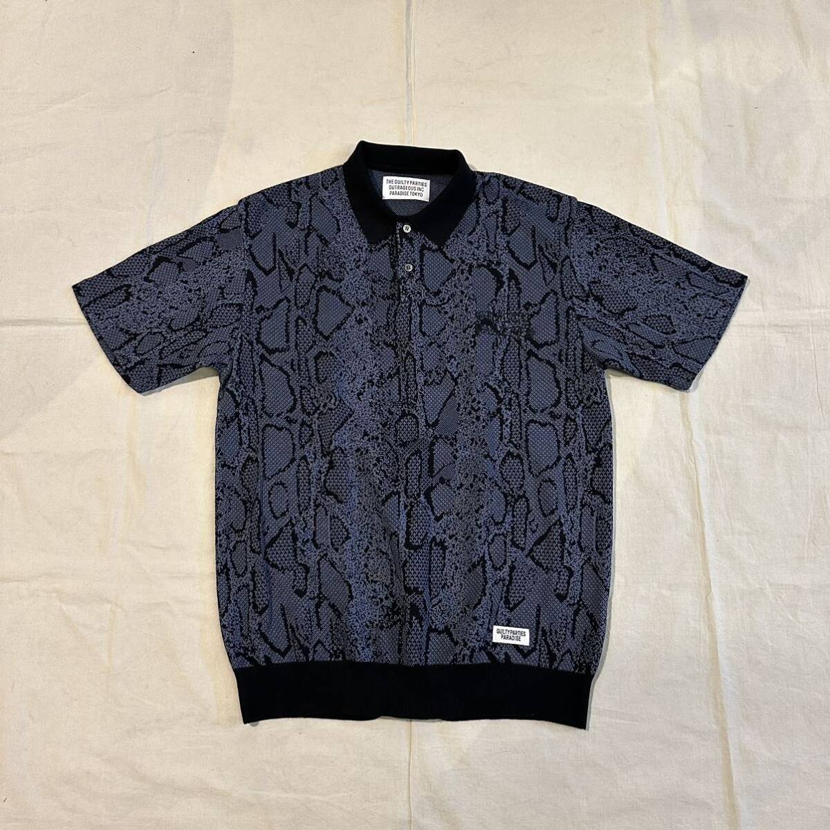 24SS new goods WACKO MARIA Wacko Maria PYTHON JACQUARD KNIT POLO SHIRT knitted polo-shirt L NAVY