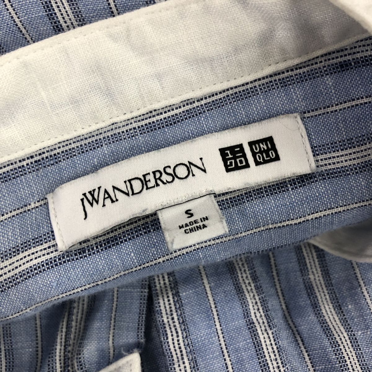 M2545-F-N◆UNIQLO×JW ANDERSON ユニクロ プレミアムリネンスタンドカラーストライプシャツ ◆ sizeS 麻100 ブルー 古着 メンズ 春_画像7