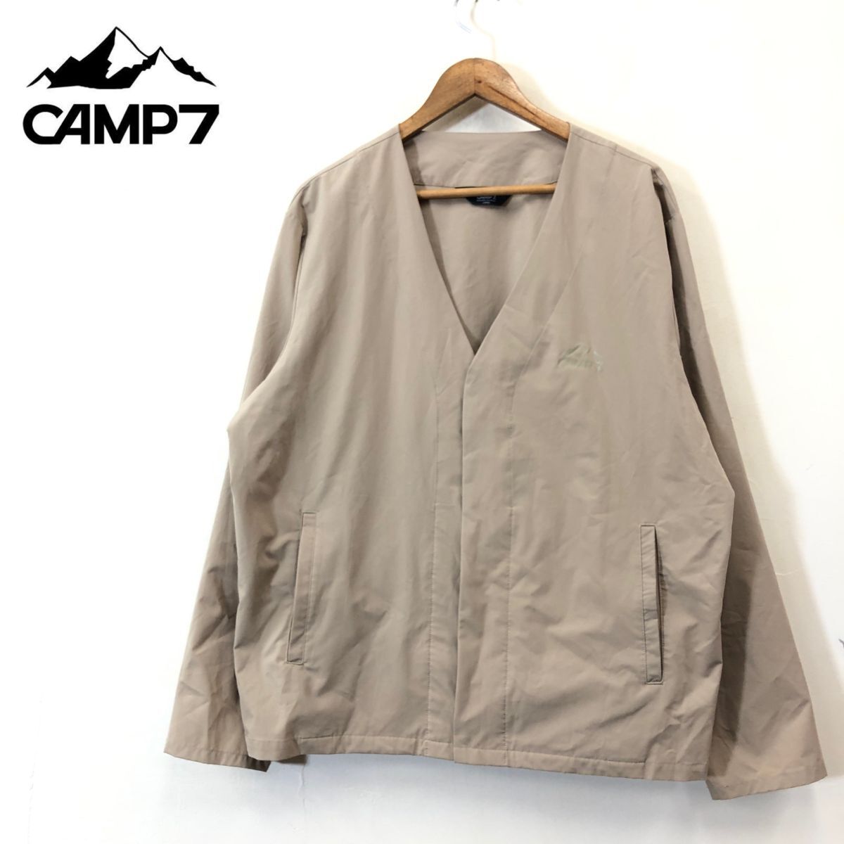 M2540-F-N◆ CAMP7 ストレッチ カーディガン トップス ロゴプリント ◆ sizeL ポリエステル100 ベージュ 古着 メンズ 春 アウトドアの画像1