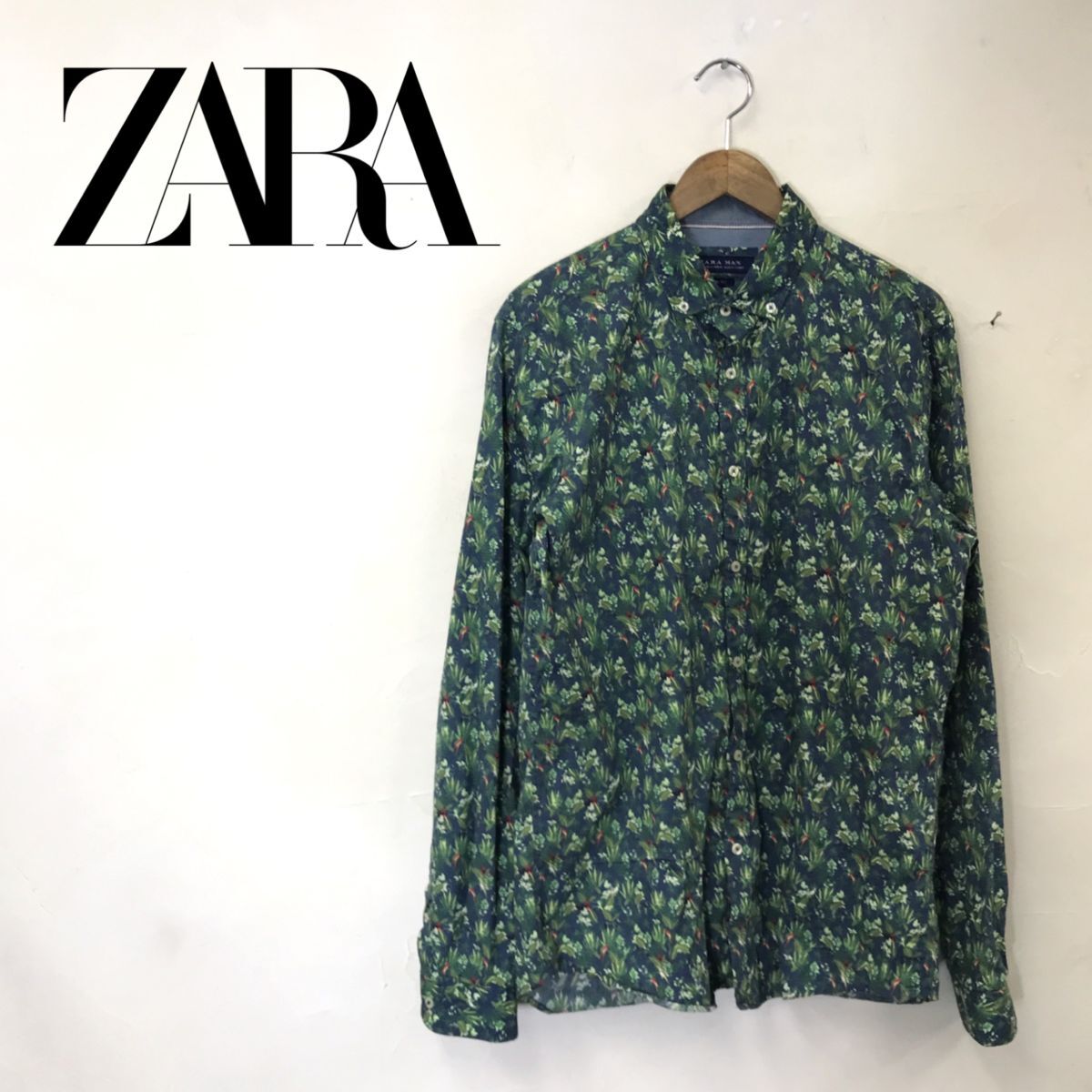 M2393-G◆美品◆ZARA MAN ザラメン シャツ◆sizeM コットン100% 総柄 鳥 植物 シマウマ メンズ トップス 長袖 ジャングル グリーン ネイビの画像1